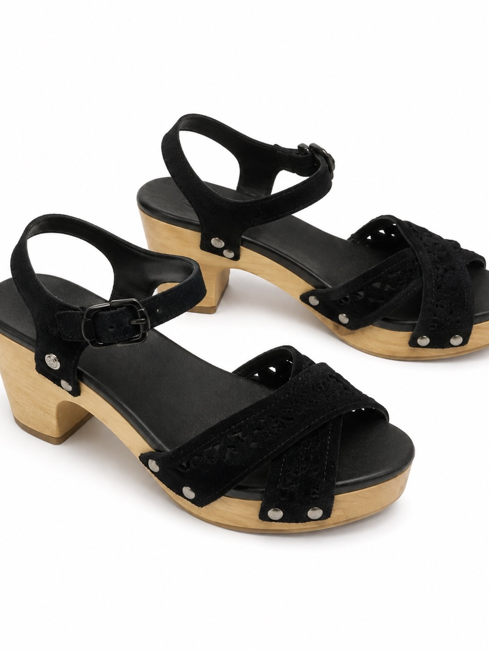 UGG Vintage Luella Black Suede Leather Ankl Sandal Heels Women’s Size 9